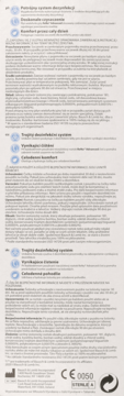 Tył opakowania płynu ReNu Advanced do soczewek, białe tło z czarnym tekstem o potrójnej dezynfekcji i komforcie.