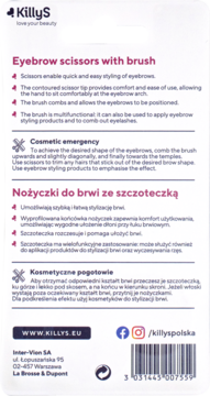 Tył białego opakowania KillyS nożyczek do brwi ze szczoteczką, widoczny opis produktu i barcode.