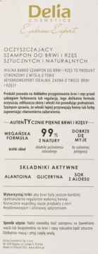 Delia Eyebrow Expert szampon do brwi i rzęs, tył beżowego opakowania z opisem składników aktywnych.