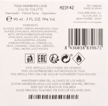 Biały tył opakowania Tous Moments Love Eau de Toilette z listą składników, kodem kreskowym i symbolami ostrzegawczymi.