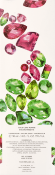 Tył białego opakowania Tous Gems Power Eau de Toilette, z grafiką różowo-zielonych klejnotów i czytelną listą składników.
