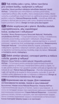 Tekst: opis butelki Philips Avent Natural Response redukującej kolkę, gazy i refluks, w czterech językach.