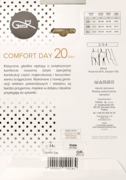 Tył beżowego opakowania rajstop Gatta Comfort Day 20 den, z opisem zwiększonego komfortu i diagramami.