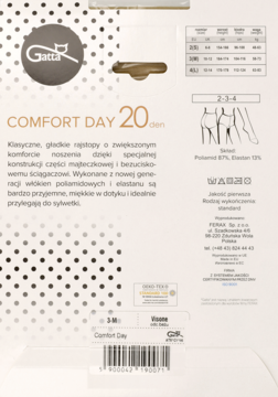 Tył opakowania rajstop Gatta Comfort Day 20 den, z tekstem o poliamidzie i elastanie oraz tabelą rozmiarów.