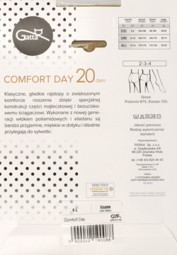 Tył beżowego opakowania rajstop Gatta Comfort Day 20 den. Widoczny szczegółowy opis, skład i tabela rozmiarów.