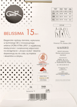 Tył opakowania rajstop Gatta BELISSIMA 15 den, z opisem włókna Lycra Xtra Life, składem i tabelą rozmiarów.