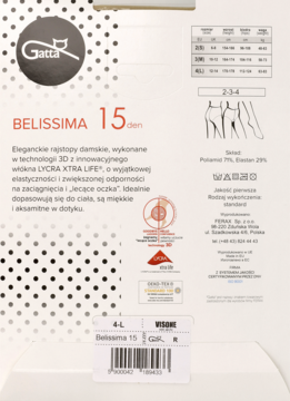 Tył opakowania rajstop Gatta Belissima 15 den, z opisem innowacyjnego włókna Lycra Xtra Life.