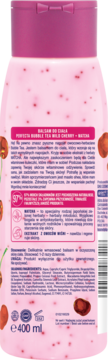 Tył różowego balsamu Perfecta Bubble Tea Milk Cherry-Matcha 400ml z widocznymi witaminowymi kuleczkami.