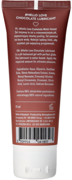 Tył brązowej tubki Hello Love Czekoladowy Lubrykant. Widać składniki, kod kreskowy i 98% naturalnych składników.