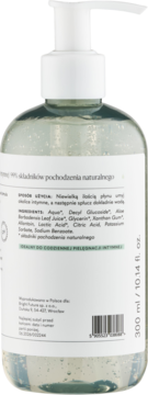 Tył butelki płynu do higieny intymnej z aloesem i kwasem mlekowym, 300 ml, widoczna lista składników.