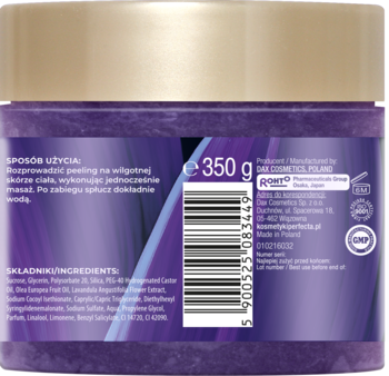 Tył fioletowego peelingu cukrowo-solnego S&N Cosmetics z lawendą i oliwą, widoczne dane producenta i składniki.