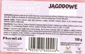 Pastelove Jagodowe mydło do rąk, tył różowego opakowania ze składnikami i instrukcją użycia.