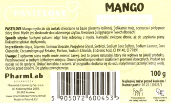 Tył opakowania mydła do rąk Pastelove Mango 100g, z czarnym tekstem, kodem kreskowym i listą składników.