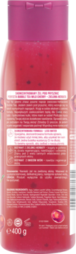 Tył różowej butelki żelu pod prysznic Perfecta Bubble Tea Wild Cherry, z etykietą, kulkami i wagą 400g.
