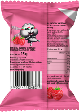 Tył różowej przekąski owocowej 15g, jabłko-malina, z królikiem i truskawkami, kodem kreskowym i danymi.