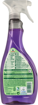 Frosch ekologiczny płyn do łazienki lawendowy, tył fioletowej butelki spray 500 ml z recyklingu.