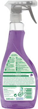 Tył fioletowej butelki Frosch Lawendowy, 500ml, spray do łazienki z informacjami i kodem kreskowym.