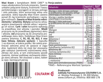 Tył opakowania suplementu Maxi Krzem 3MAX CARE. Widoczna lista składników, opis produktu i kod kreskowy.