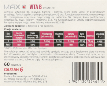 Tył beżowego opakowania Colfarm MAX VITA B COMPLEX, z tabelą witamin i informacjami o składzie.