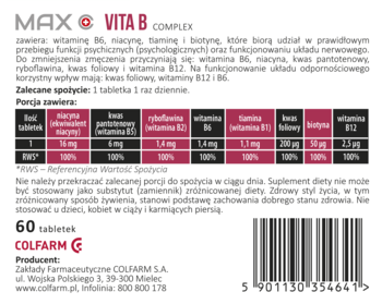 Tył opakowania suplementu Colfarm MAX VITA B COMPLEX z tabelą składników i informacjami o witaminach.