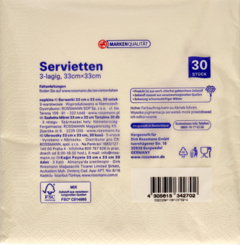 Opakowanie białych, 3-warstwowych serwetek papierowych Rossmann, 30 sztuk 33x33 cm, widok z przodu.
