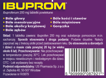 Tył fioletowego opakowania Ibuprom 200 mg, tabletki powlekane, z białym tekstem i kodem, opisuje bóle i gorączkę.
