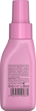 Różowa butelka Neboa Repair & Shine serum do włosów, widok tyłu z etykietą. Chroni końcówki i zawiera silikony.