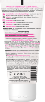 Tył białej tubki Natural Firming Body Balm 200ml z informacjami o składnikach i kodem kreskowym, polski/angielski tekst.