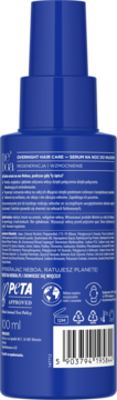 Tył niebieskiej butelki serum do włosów Neboa Overnight Hair Care 100 ml z pompką, widocznym składem i logo PETA.