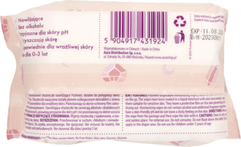 Zbliżenie tyłu różowego opakowania nawilżanych chusteczek dla dzieci, z tekstem PL i kodem kreskowym.