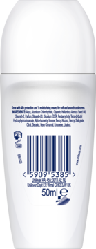 Tylna strona białego antyperspirantu Dove Fresh w kulce, widoczne składniki, kod kreskowy, 50ml.