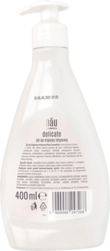 Tył białej butelki żelu do higieny intymnej Nau Delicate 400ml z pompką, widoczną etykietą i kodem kreskowym.