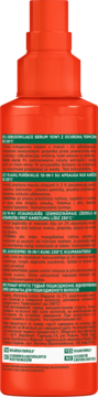 Tył pomarańczowej butelki Garnier Fructis Goodbye Damage Keratin 10-in-1 serum, z opisem działania i ochrony 230°C.