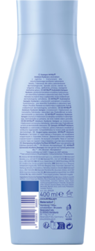 Tył jasnoniebieskiej butelki szamponu NIVEA Moisture Hyaluron 400 ml z informacjami i kodem kreskowym.