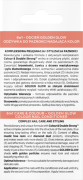 Eveline 6w1 Golden Glow odżywka do paznokci z złotymi drobinkami, widok górnej części opakowania i tekstu.