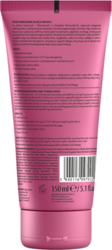 Tył różowej tubki maski do włosów kręconych Perfect Curls Therapy, z listą składników i opisem 150ml.