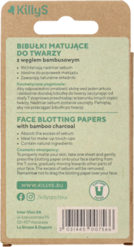 Tył brązowego opakowania KillyS bibułek matujących z bambusem, z polskim i angielskim opisem użycia.