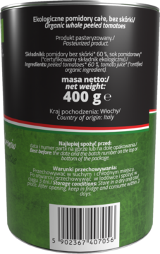 Tył puszki organicznych pomidorów Vitaliana 400g, zielona etykieta z tekstem o składnikach i kodem.