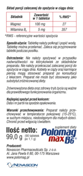 Tył opakowania suplementu Polomag max B6. Widoczne szczegóły: tabela składników (magnez, B6), dawkowanie i ostrzeżenia.