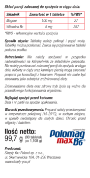 Polomag max B6, tył opakowania z tabelą składu: magnez 100mg, wit. B6 5mg, oraz info o dawkowaniu.