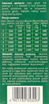 Tył zielonego opakowania suplementu Błonnik z ananasem, z widoczną tabelą wartości odżywczych i składników.