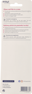 Tył beżowego opakowania szklanego pilnika do paznokci KillyS w etui, z opisami zastosowań i kodem kreskowym.