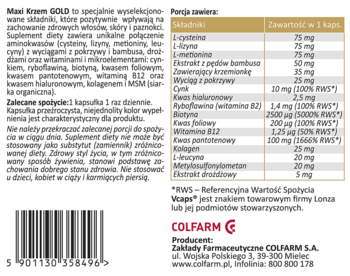 Tył opakowania Maxi Krzem GOLD COLFARM, suplement na włosy, skórę, paznokcie, z tabelą składników.