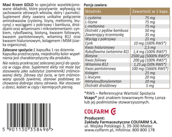 Tył opakowania suplementu Maxi Krzem GOLD, biała etykieta z tabelą składników i kodem kreskowym.