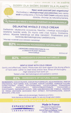 Tył opakowania delikatnego mydła Mustela z Cold Cream, biały tekst o składzie i 82% naturalnych składników.
