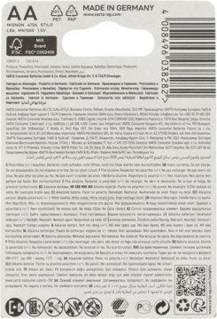 Tył opakowania baterii VARTA Longlife Max Power, jasnoszare, z kodem kreskowym i licznymi informacjami o produkcie.