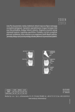 Tył opakowania rajstop Linia Plus Up, ciemnoszary, z opisem korzyści i diagramami wzmacniającymi nogi, 20 DEN.