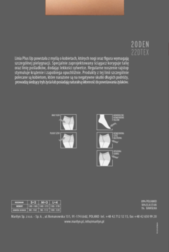 Ulotka Marilyn Linia Plus Up: rajstopy 20DEN, tekst o właściwościach korygujących i diagramy dopasowania.