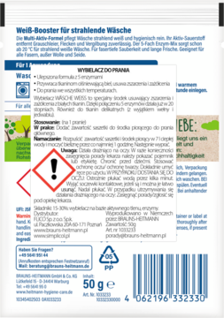 Biała saszetka Weiß-Booster do prania 50g, z zielonymi napisami, niebieskim logo i piktogramem ostrzegawczym.