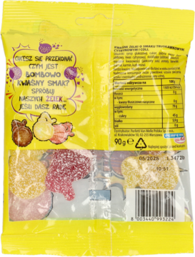 Tył żółtego opakowania żelek Chupa Chups Sour Bombs, przezroczyste okno z obsypanymi cukrem kwaśnymi żelkami.